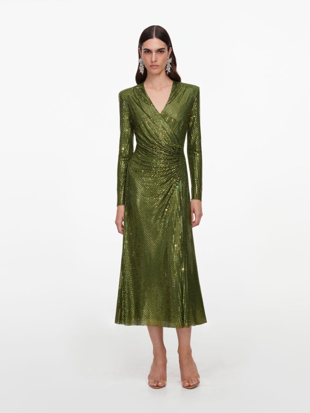 NWOT Self-Portrait Olive Rhinestone Mesh Wrap Midi Dress, Size US 0/2/4/6/8